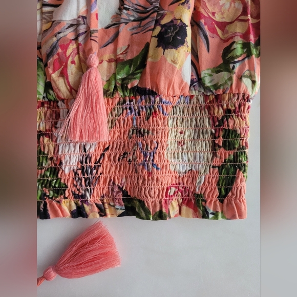 INC Smocked 100% Cotton Blossom Floral Ruffled Peach Blouse Size Large - Picture 3 of 13